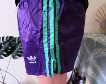 Vintage Adidas runner soccer shorts size L purple nylon satin with mint green stripes inner cotton slip Trefoil 1980s 80s made in W. Germany