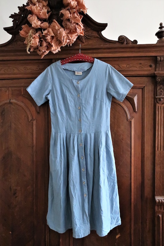 Vintage blue cotton chambray midaxi dress with button front and drop waist 1990s 90s