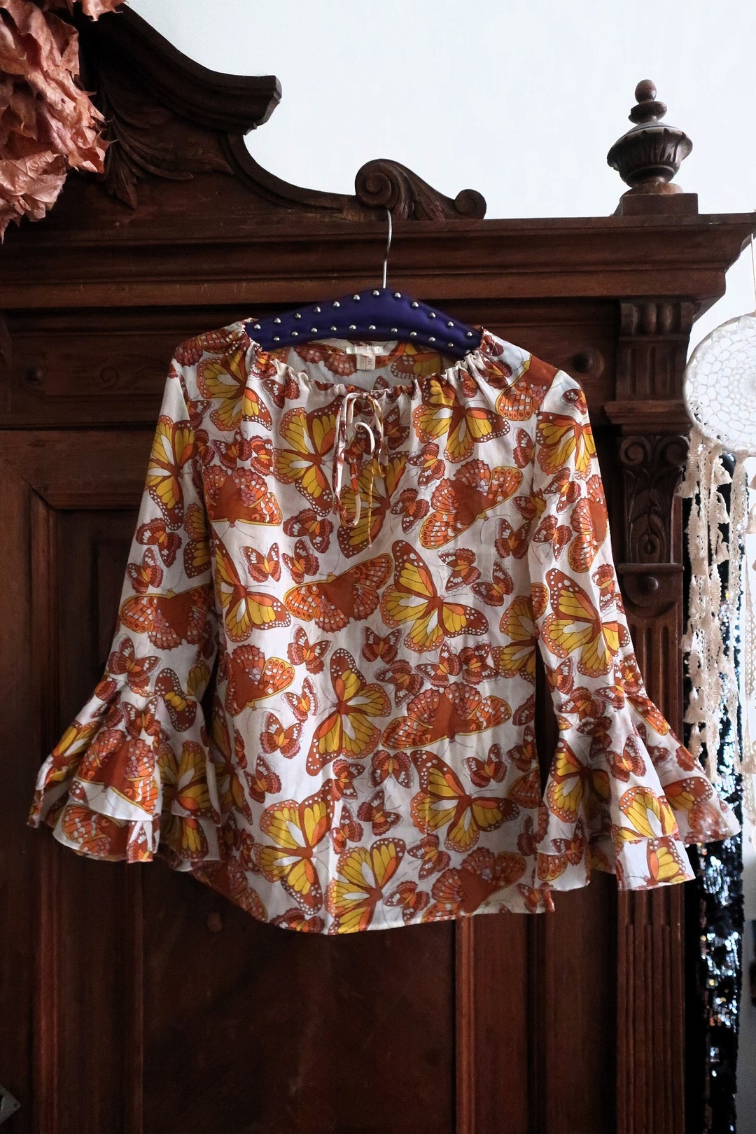 Butterfly Print Vintage Elegant Lapel V-Neck Button Up Long Sleeve Top main image 1