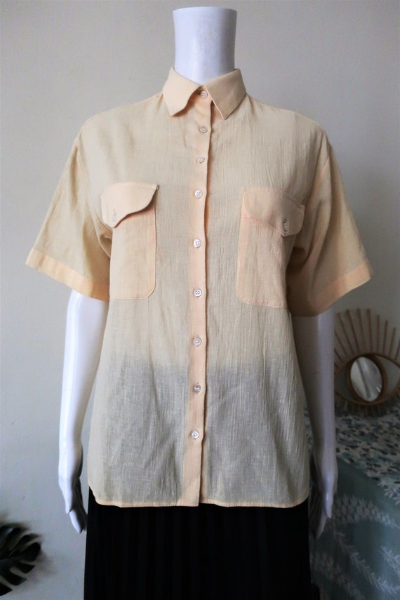 Cacharel, French Vintage Cacharel vanilla yellow light structured cotton blouse shirt with buttoned breast pockets 1980s 80s 1990s 90s made in France