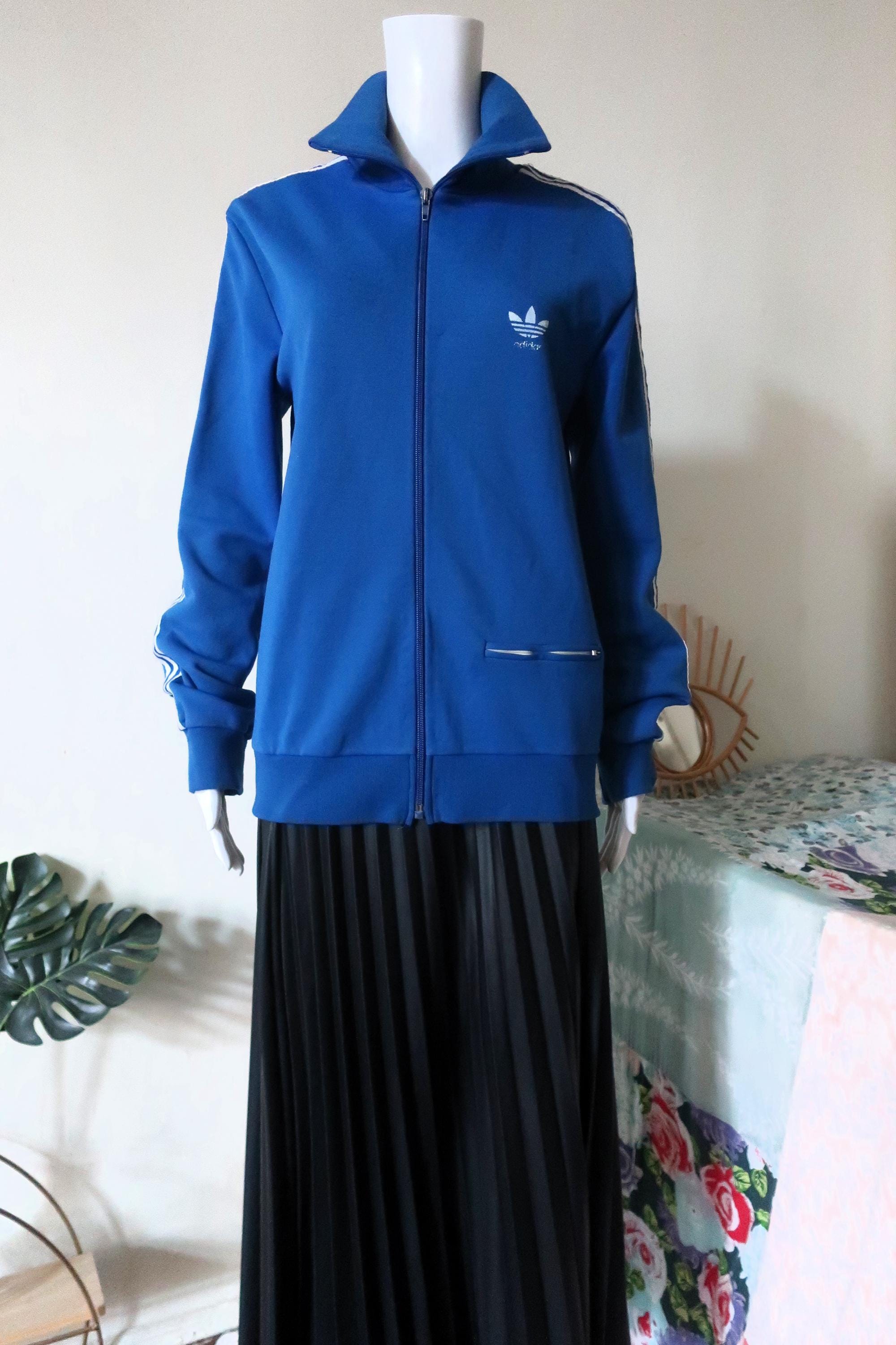 Vintage 70s Adidas Track Jacket Blue White Stripes Trefoil Logo