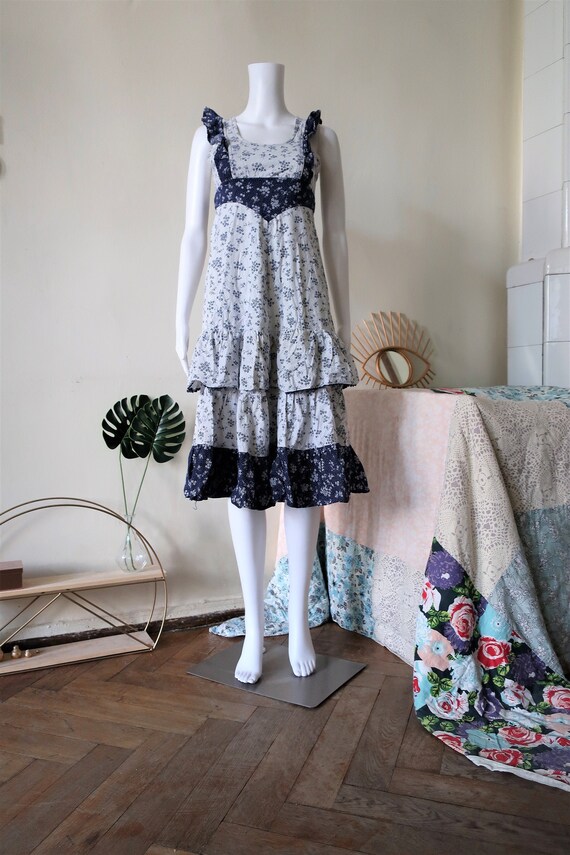 Vintage navy blue and white pinafore prairie midi