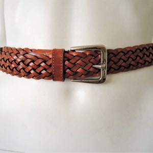 Vintage brown braided leather artisan belt with Solid Brass metal buckle 1980s 80s 1990s 90s made in Italy