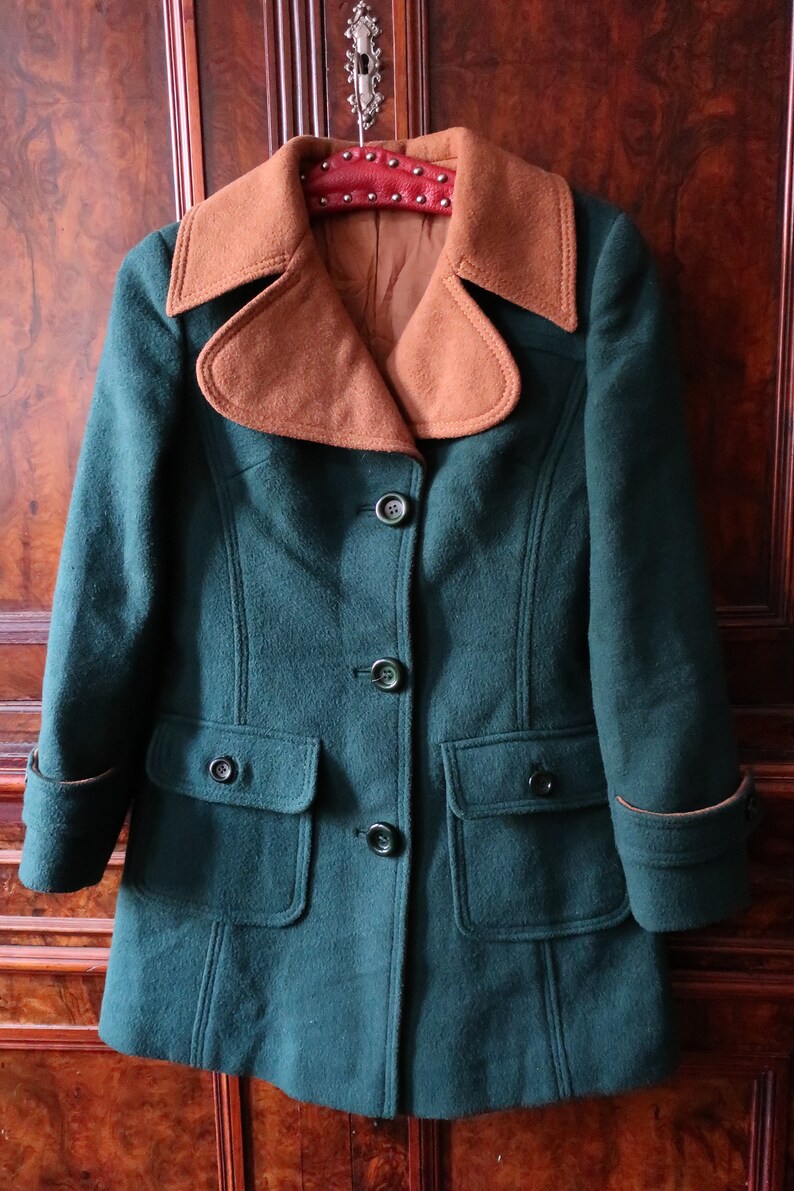 Vintage Forest Green Fitted Wool Coat With Large Camel Brown | Etsy