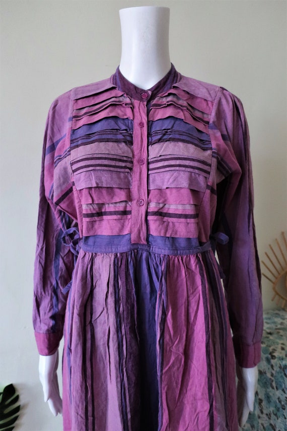 Vintage lilac pink striped folklore cotton dress … - image 3