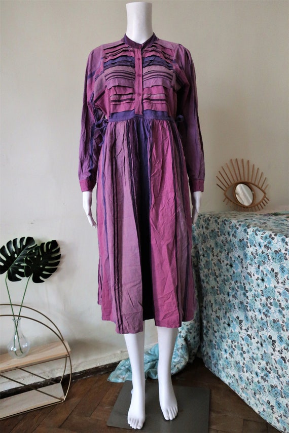 Vintage lilac pink striped folklore cotton dress … - image 4