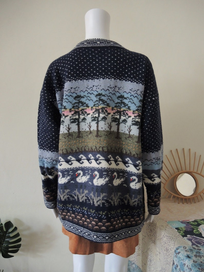 SALE** Vintage wool knit cardigan folklore sky trees swans waves 1990s 90s 1980s 80s **SALE