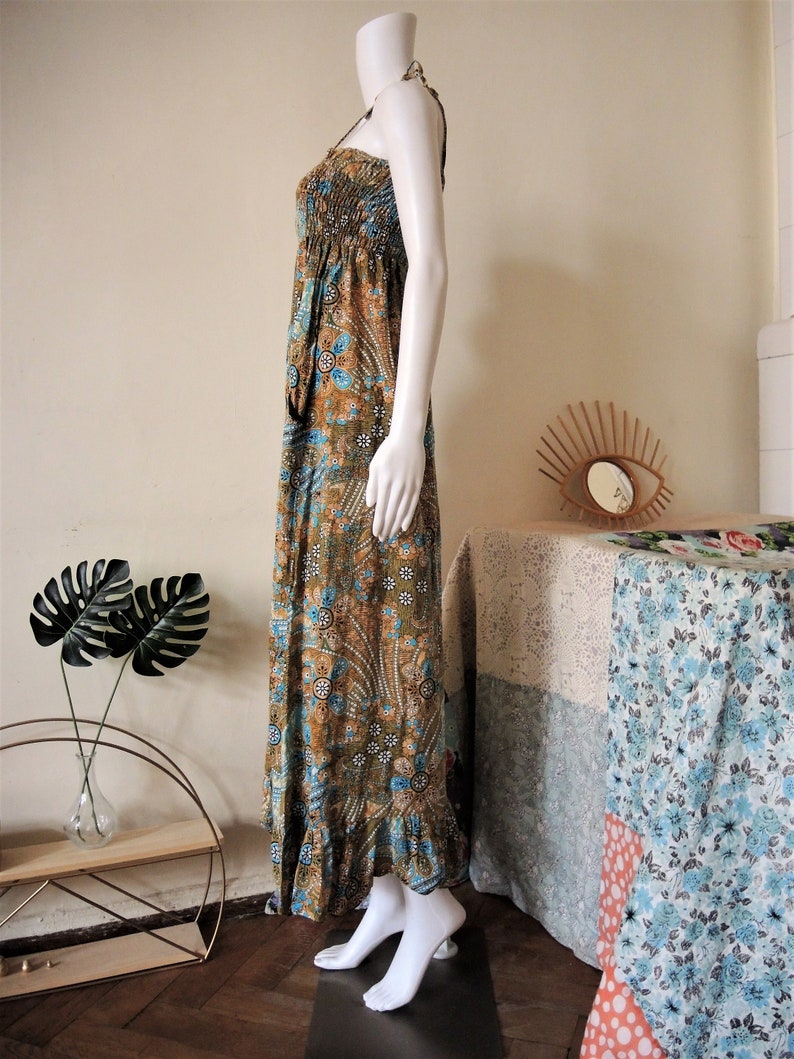 Vintage floral smocked cotton maxi strap dress sundress with empire waist 1980s 80s 1990s 90s image 6