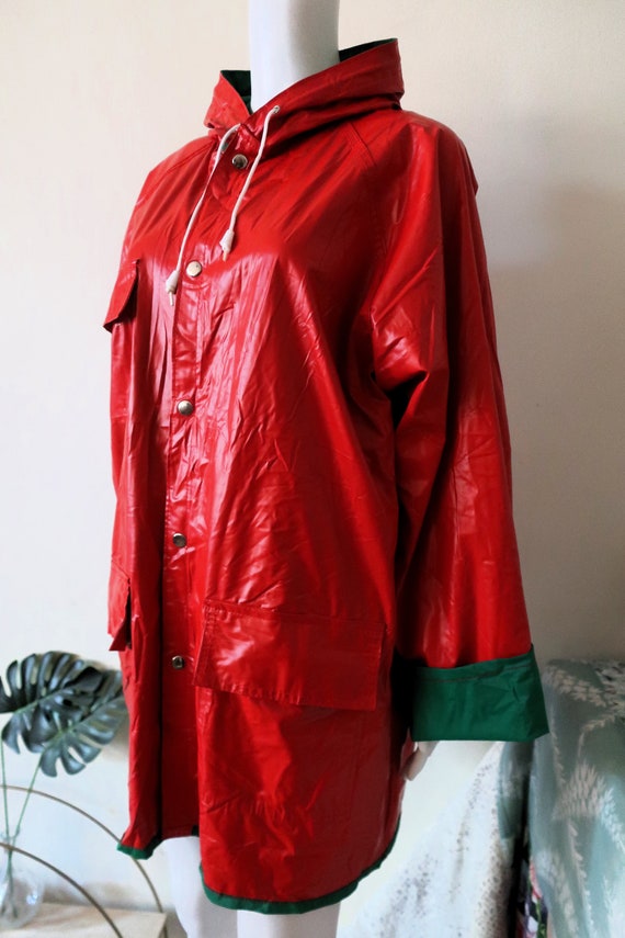 Vintage PVC Vinyl Reversible Raincoat Coat Shiny Red and Green 