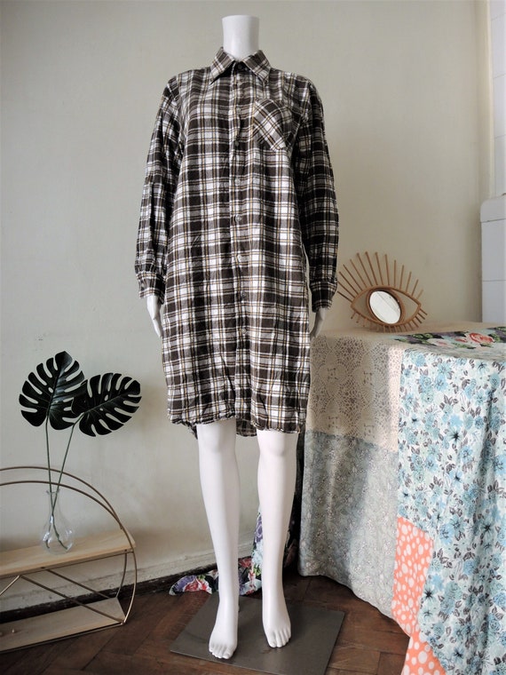 Vintage tartan check cotton flannel shirt dress o… - image 1