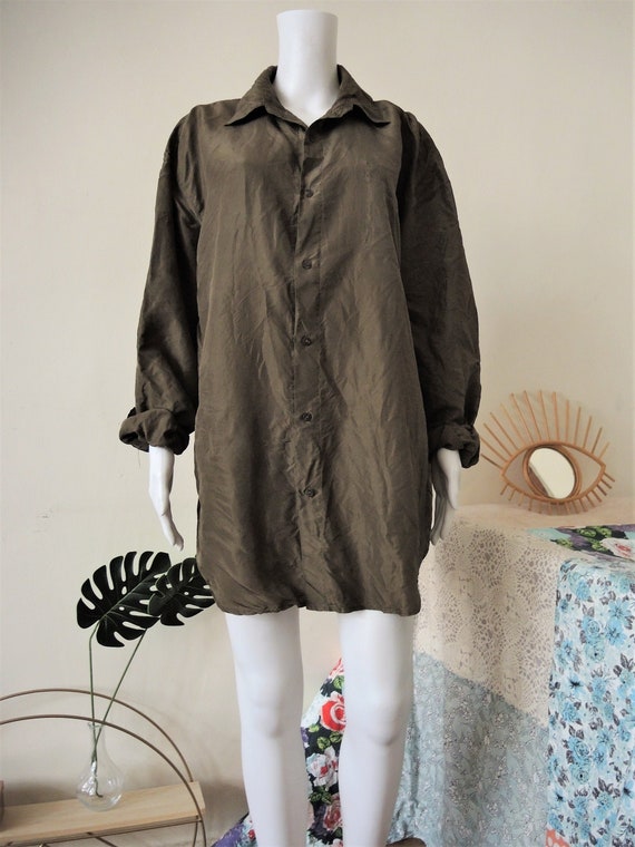 Vintage khaki oversized silk shirt blouse military