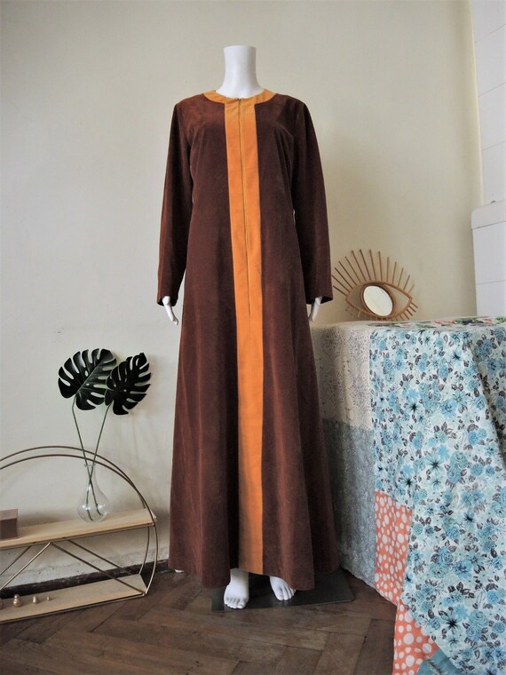Vintage brown soft velour maxi zipper dress zipper