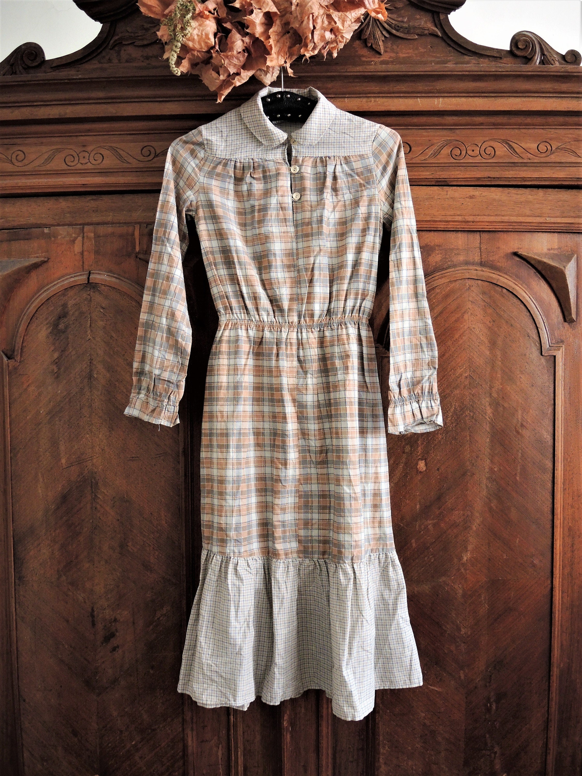 Prairie Gingham Cotton White Brown Midi Dress Vintage