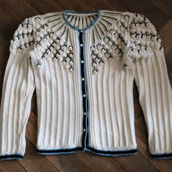 Vintage Austrian handmade trachten wool knit cardigan with rib knit details 3D floral embroidery bobble and puff sleeves 1980s 80s