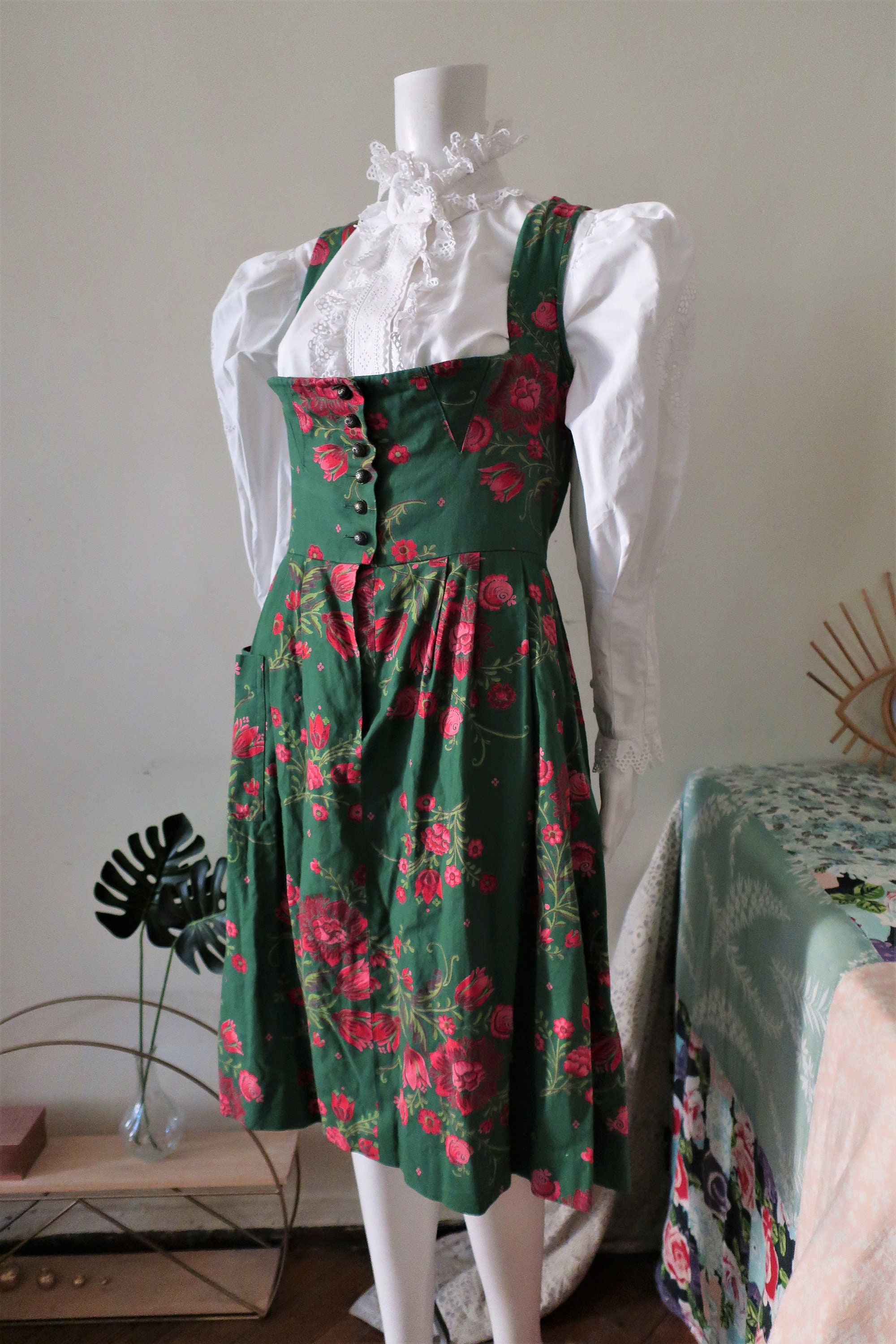 Vintage Johanna Rappel Bavarian Trachten Green Floral Dirndl Dress