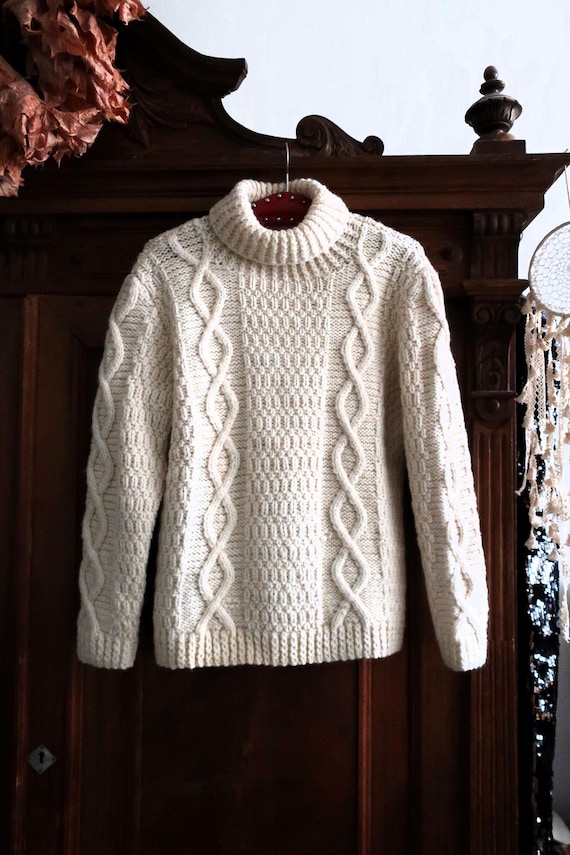 Vintage handgemaakte dikke wollen trui ivoorwit crème met gebreide