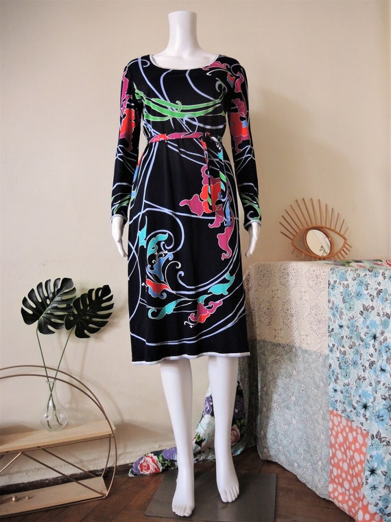 Robe midi en jersey vintage Leonard Studio Paris avec motif d