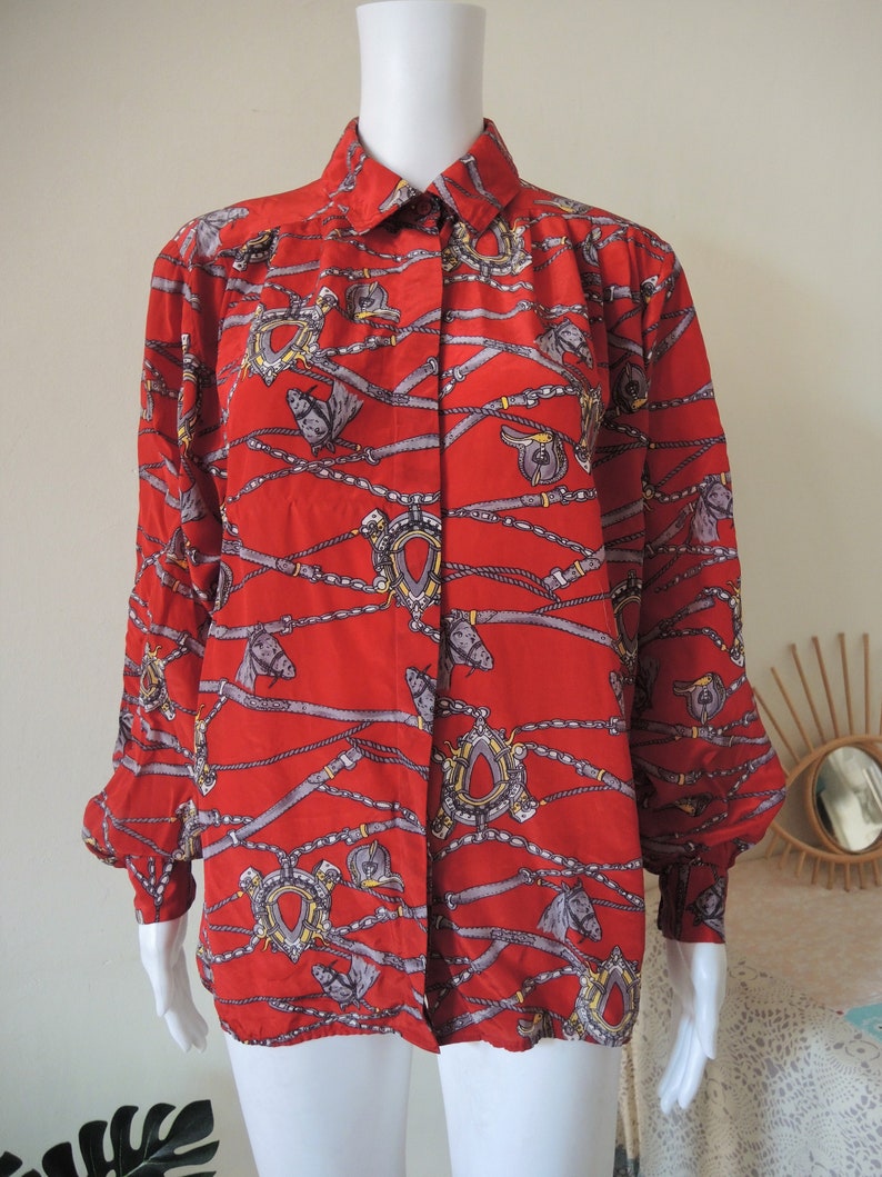 Vintage flowy equestrian foulard scarf print blouse wide sleeves 1980s 80s