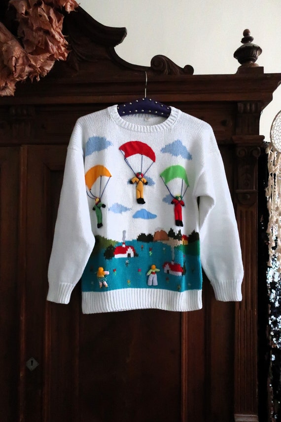 Vintage knit sweater pullover with scenic village 