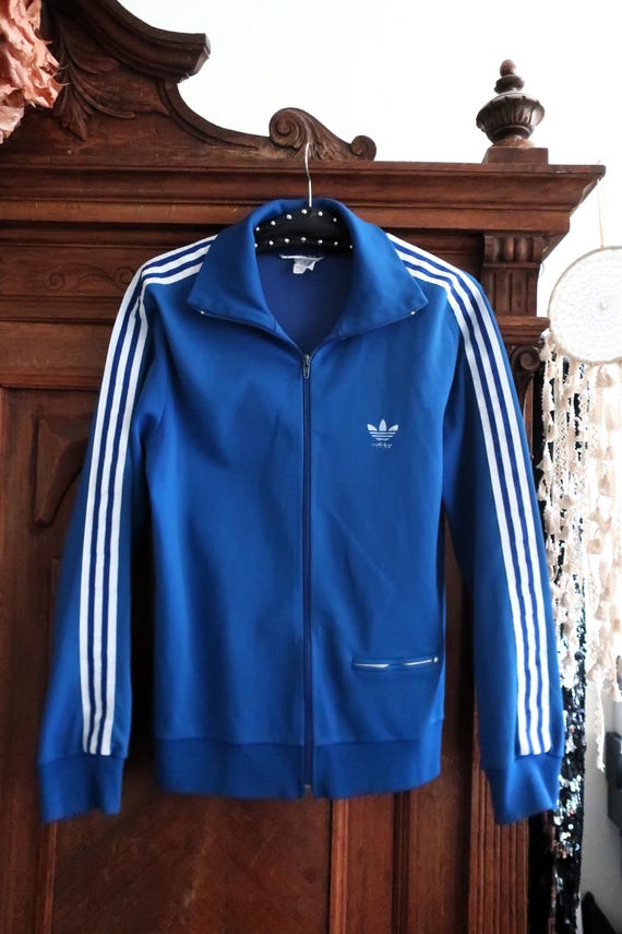 Vintage 70s Adidas Track Jacket Blue White Stripes Trefoil Logo