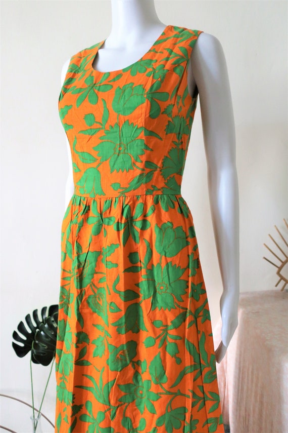 Vintage orange and green floral print cotton maxi… - image 1