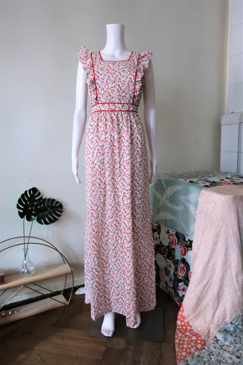German Ruffles German Vintage Maxi Prairie Dress With Ruffles Square Neck Tie Band and ...