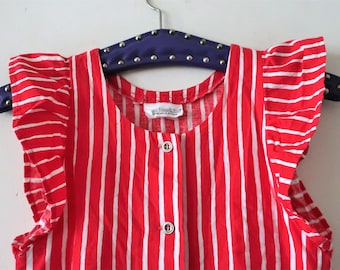 Vintage Marimekko Finland red and white striped girl's cotton dress with ruffles Piccolo Jokapoika 1980s 80s