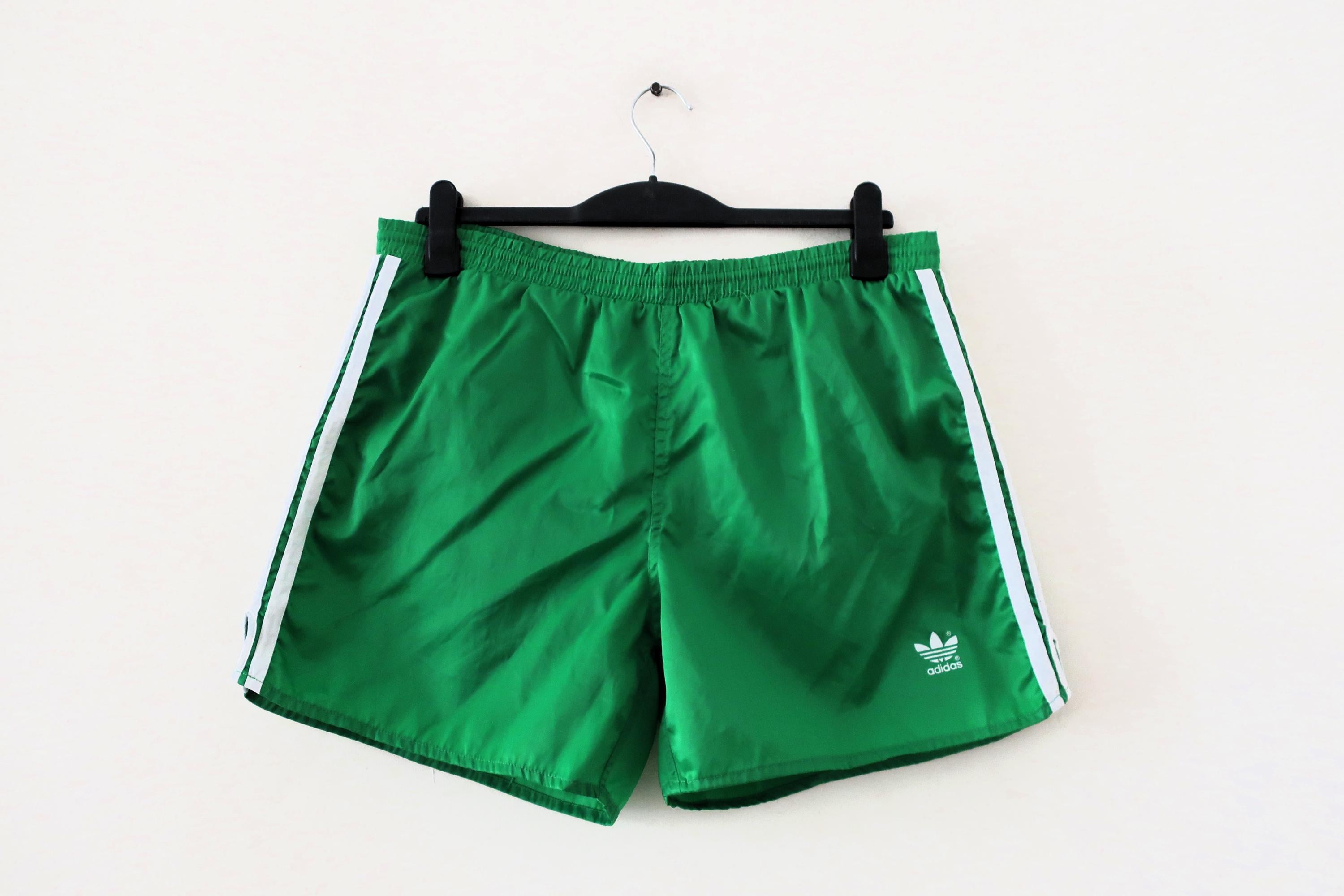 Vintage Adidas green nylon shorts soccer running size L with white stripes and inner cotton slip Trefoil 2000s 00s Y2K