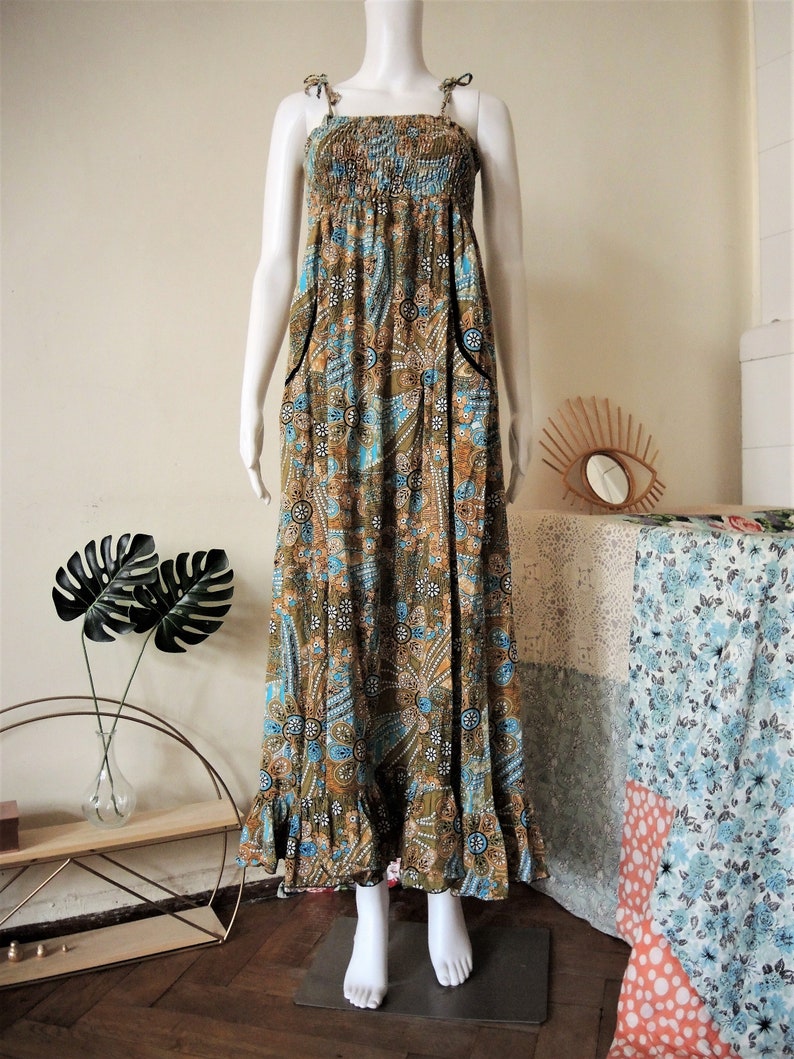 Vintage floral smocked cotton maxi strap dress sundress with empire waist 1980s 80s 1990s 90s image 3
