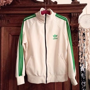 Vintage Adidas Track Top Zip Jacket Ivory White With Green Vintage Adidas Track Top Zip Jacket Ivory White With Green