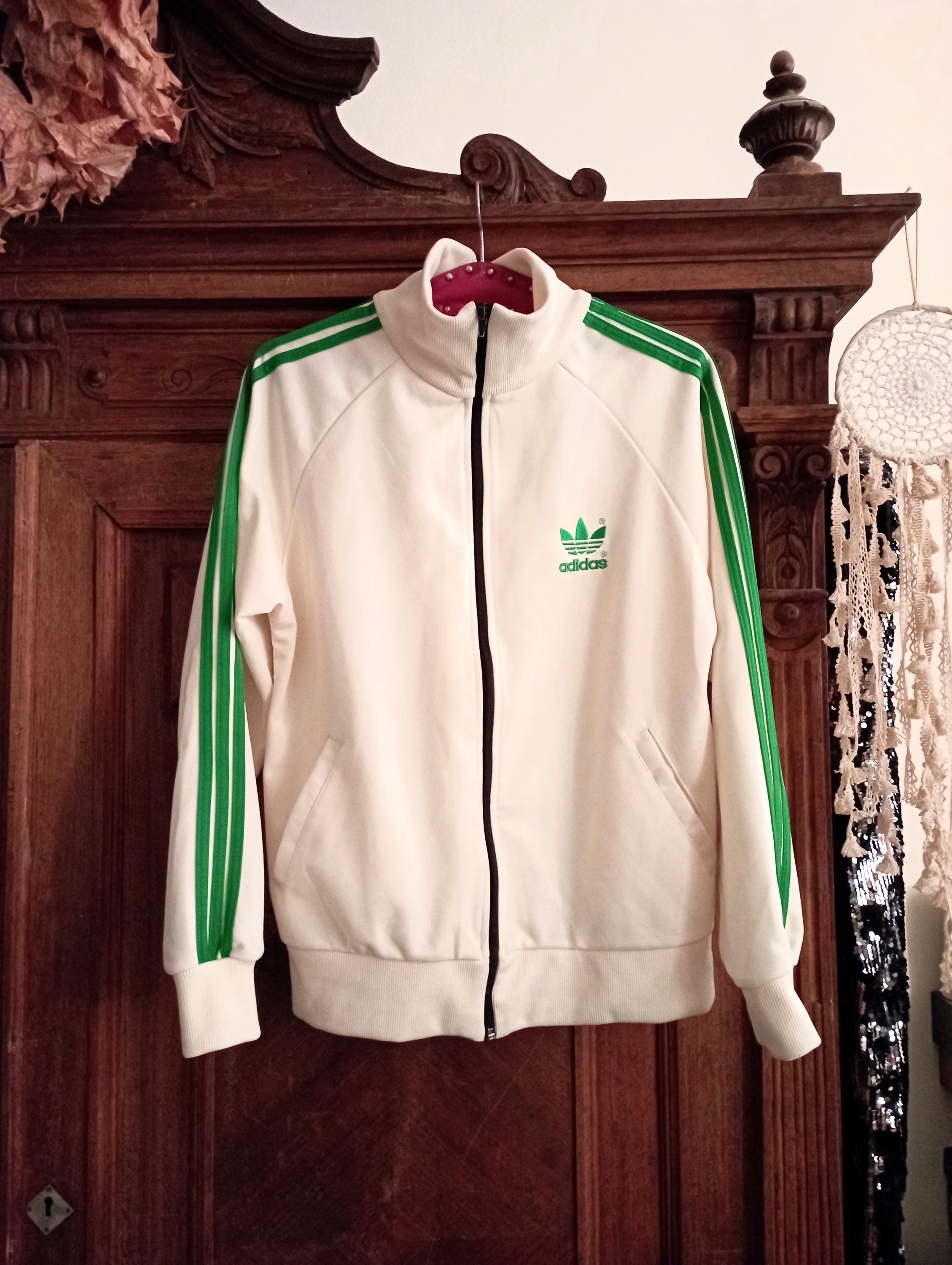 Vintage Adidas Track Top Zip Jacket Ivory White With Green Vintage Adidas Track Top Zip Jacket Ivory White With Green