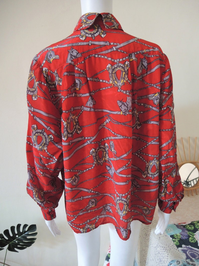 Vintage flowy equestrian foulard scarf print blouse wide sleeves 1980s 80s