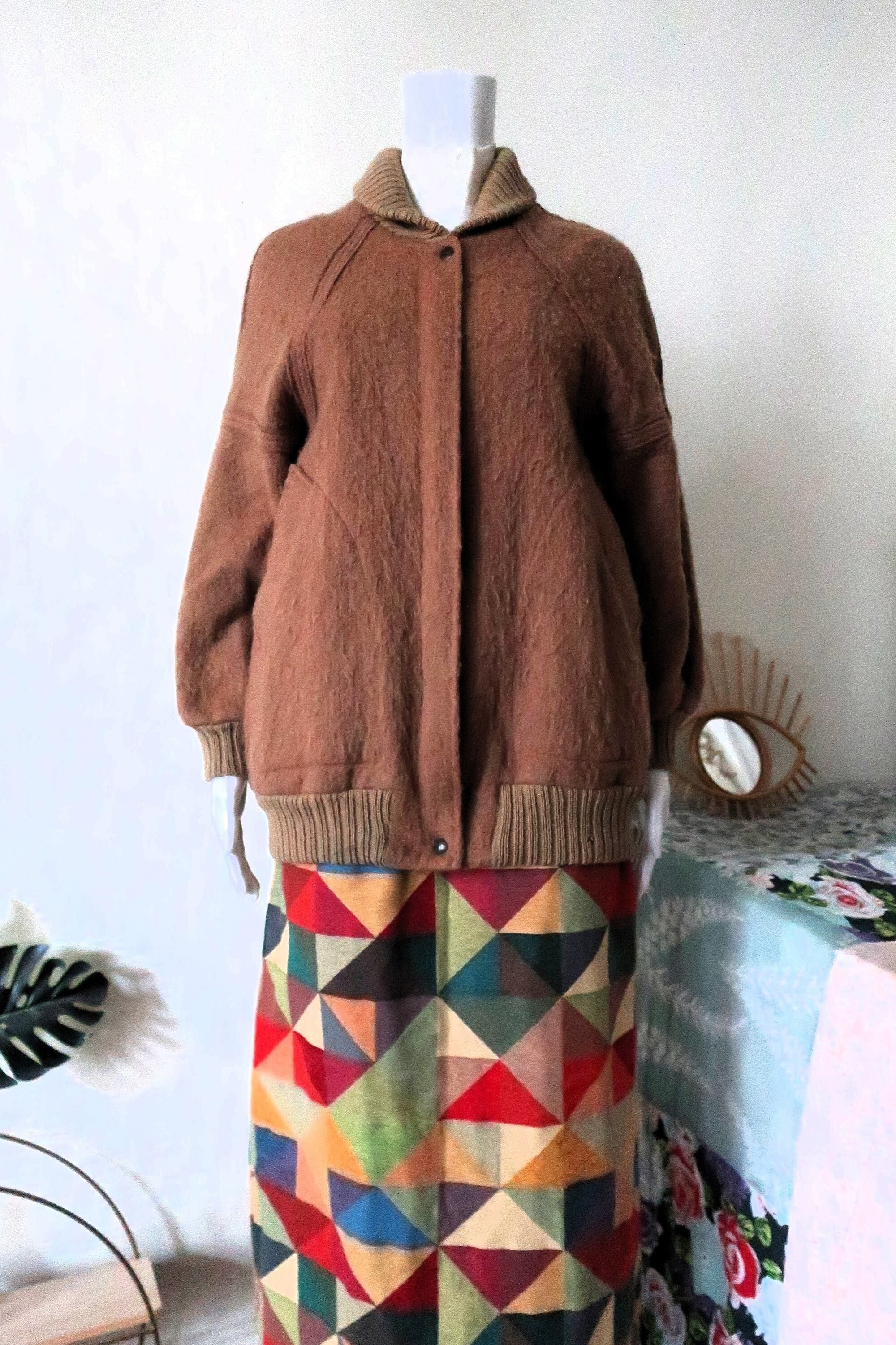 Finnish Vintage camel boiled wool blouson jacket with ribbed details and raglan sleeves 1980s 80s made in Finland