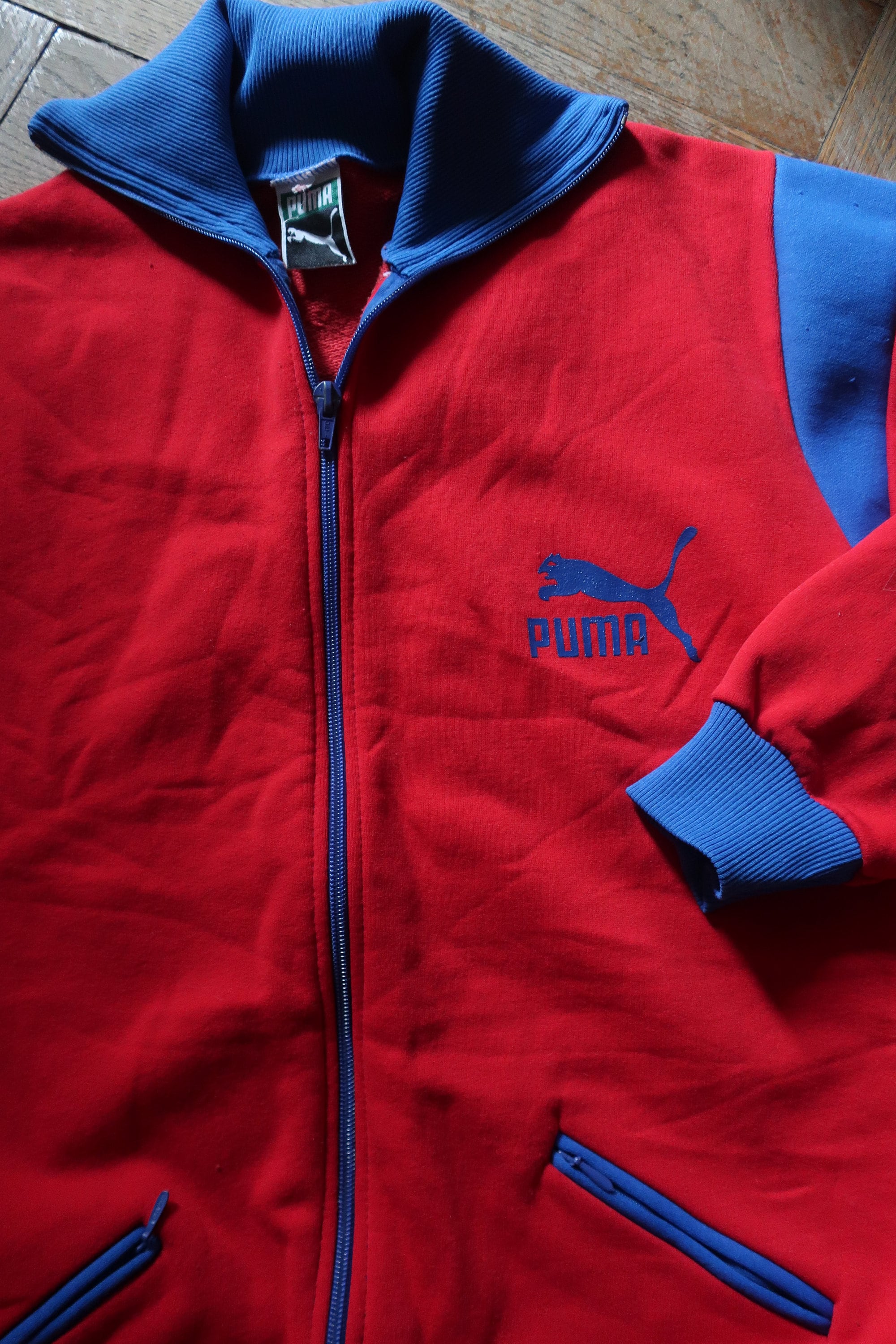 Vintage Puma Red Track Jacket With Contrasting Blue Details Sports