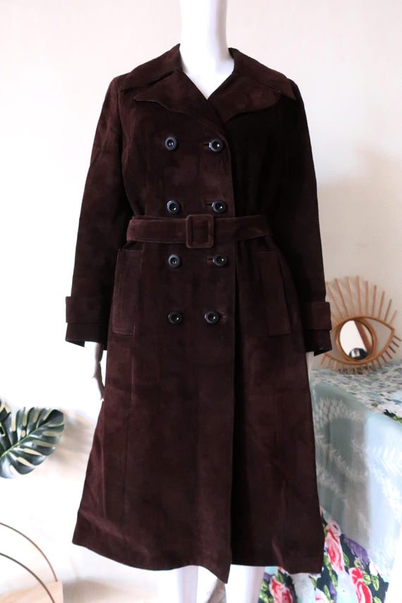 Finnish Vintage Milgo Turku double-breasted chocolate brown suede leather trench coat with belt 1970s 70s