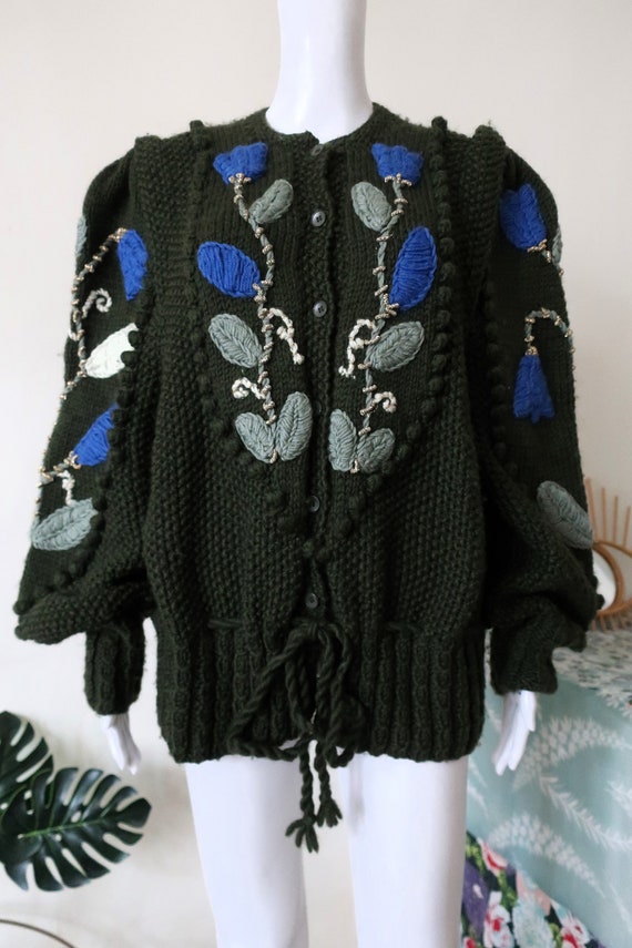 Vintage Lechuza Handmade Folklore Wool Knit Cardigan Sweater Olive 