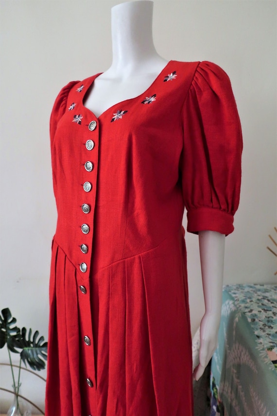 Vintage Bavarian trachten red linen cotton midi d… - image 1