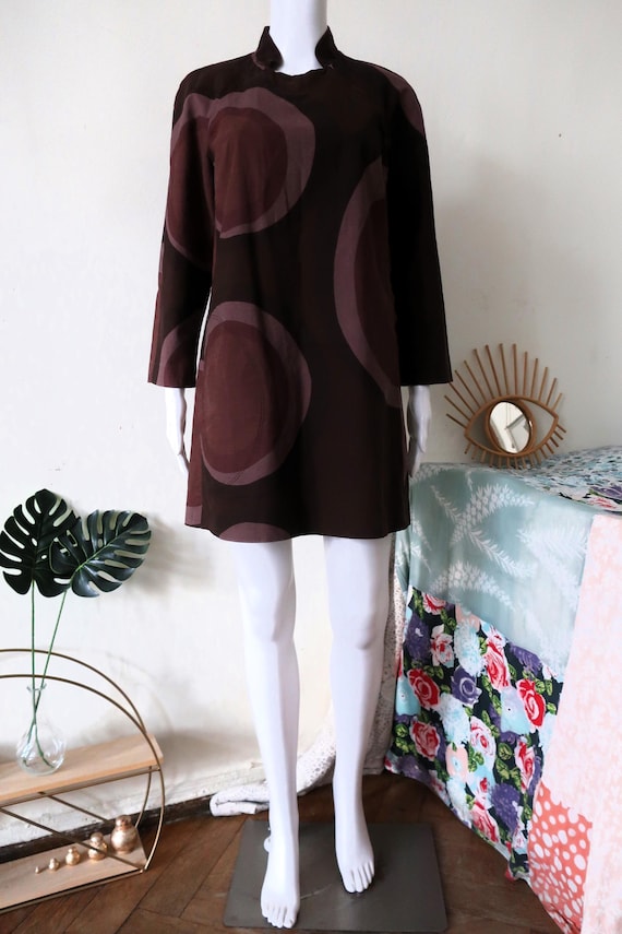 Finnish Vintage Marimekko Klaava brown tunic mini dress with asymmetric zip  closure mandarin collar and hip pocket A-line 1960s 60s