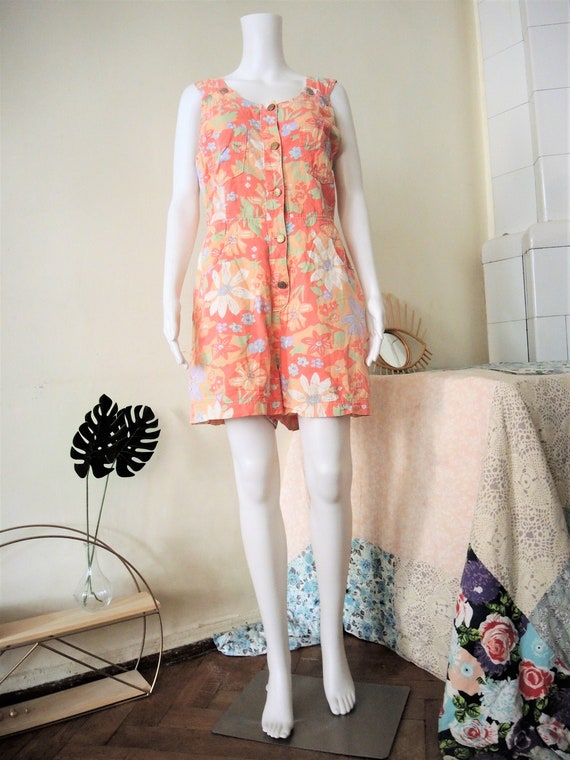 Vintage apricot floral dungaree shorts rompers 198