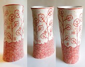 Sgraffito Ceramic Abstract Vase White-Red-Orange Handmade Pottery