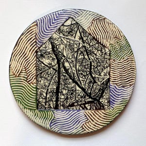 Round Sgraffito Art Tile — Handmade Ceramic —black, green, brown, purple, warm white — Tree Pattern