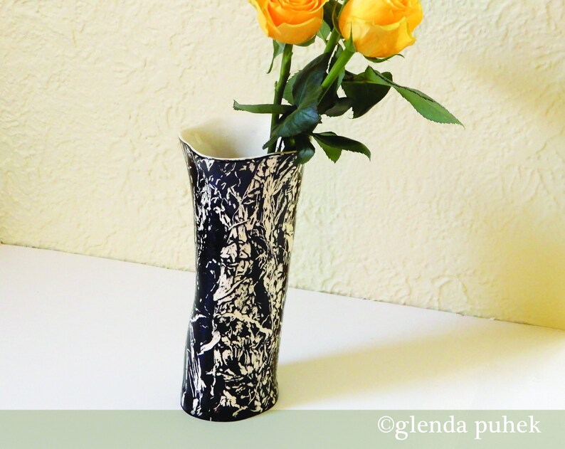 Black White Vase Ceramic Birch Trees Sgraffito Asymmetrical Etsy