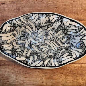 Handmade Sgraffito Art Oval Platter or Dish— Black and White Geometric Pattern 12"L
