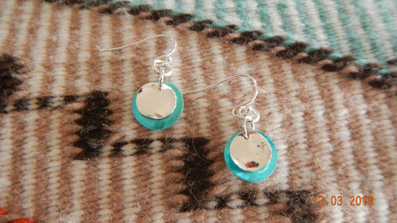 Silver-tone Aqua Blue-Dyed Round Shell Dangle Earrings