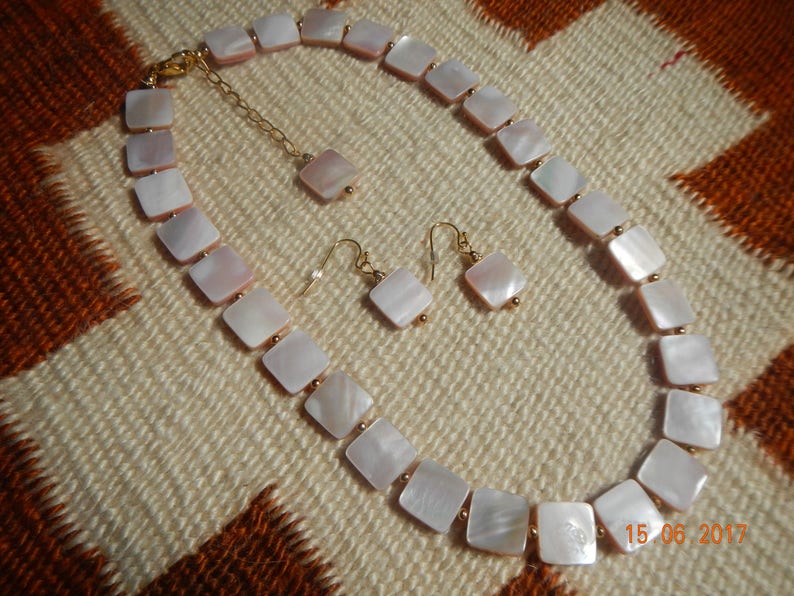Iridescent Squared Shell-Beaded Gold-tone NecklaceEarrings