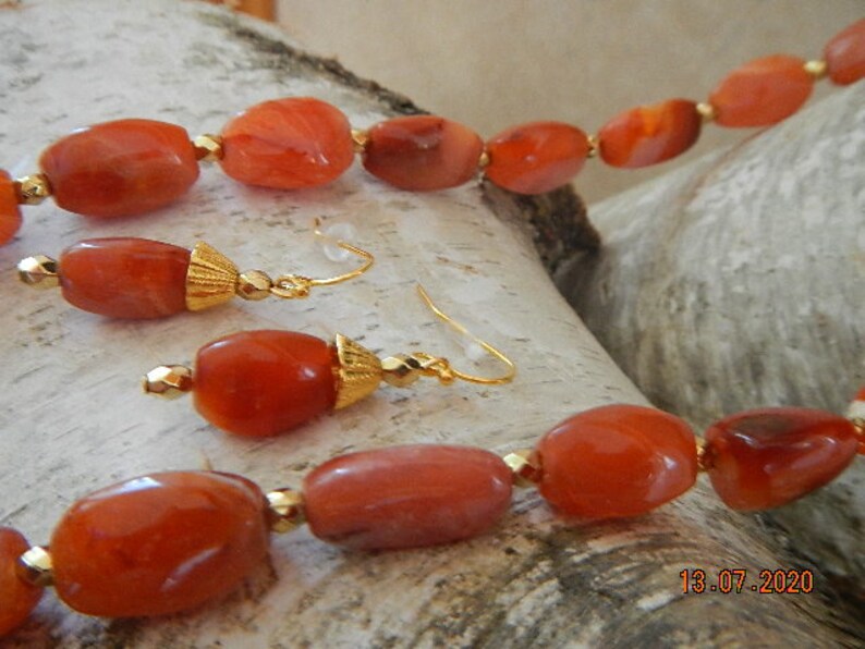 Tumble Polished Carnelian Nugget Gold-tone NecklaceEarring Set