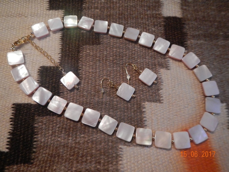 Iridescent Squared Shell-Beaded Gold-tone NecklaceEarrings
