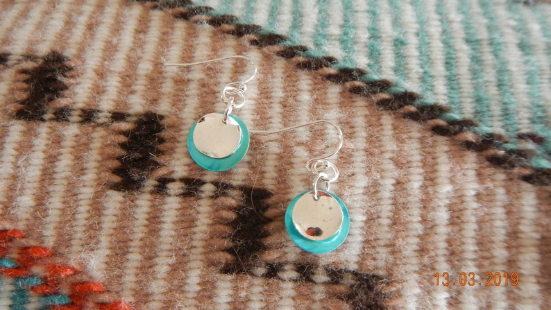 Silver-tone Aqua Blue-Dyed Round Shell Dangle Earrings