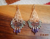 Reflective Silver-tone Floral Cut-Out Purple Green Swarovski Crystal Chandelier Earrings