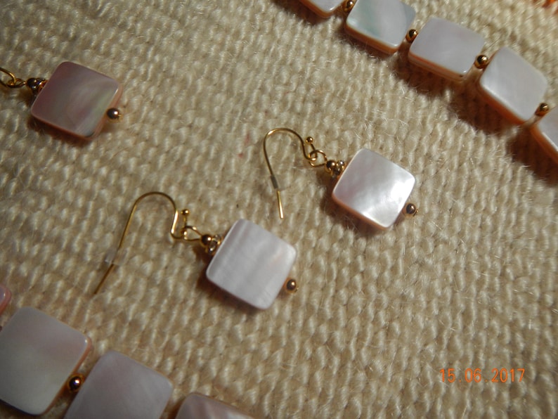 Iridescent Squared Shell-Beaded Gold-tone NecklaceEarrings